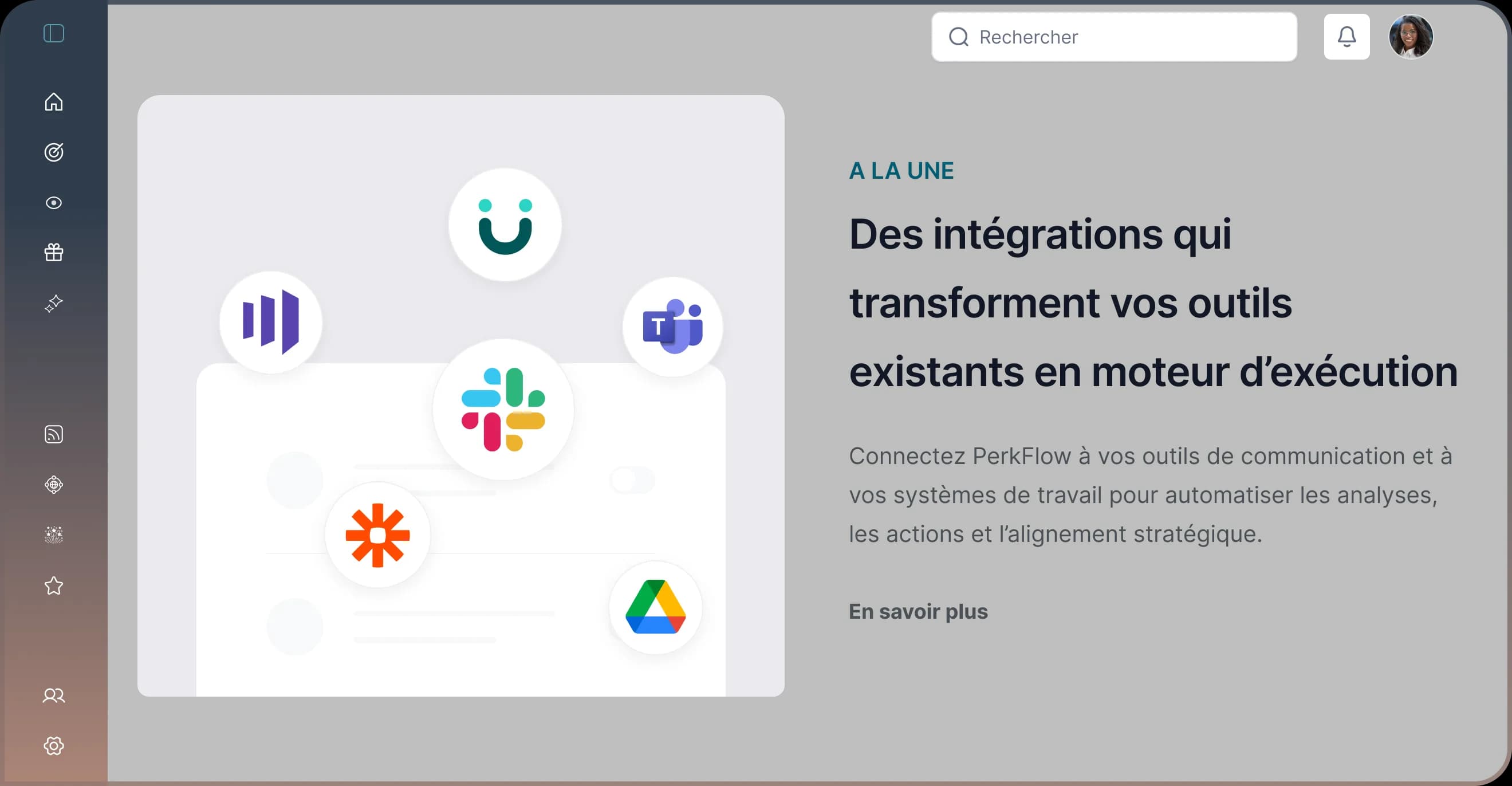 Tableau de bord des intégrations PerkFlow